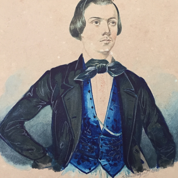 Die Gouache-Zeichnung zeigt den jungen Schneidermeister Lukas Danner mit schwarzer Jacke und darunter seiner blauen Seidenweste.