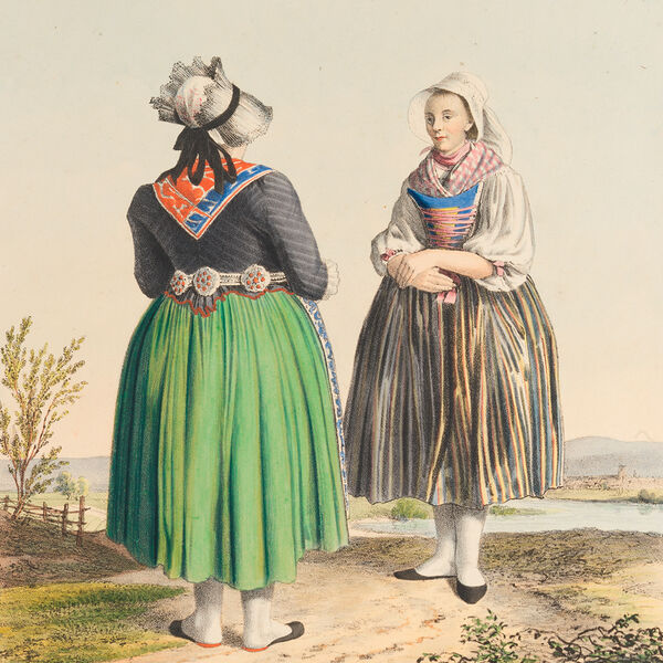 Diese farbige Lithographie um 1825 zeigt zwei Frauen aus Gotteszelt, die sich in bunter Tracht und Hauben auf einem sandigen Feldweg etwas versetzt gegenberstehen. Die junge Buerin ist von vorne zu sehen, links vorne im Bild sieht man die Ehrmutter von hinten. Umgeben sind sie von einer sommerlichen Flusslandschaft.